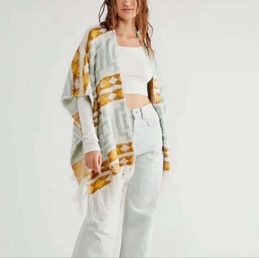 Free People Diamondback Cozy Sweater Kimono Ivory Bohemian Cottagecore Festival